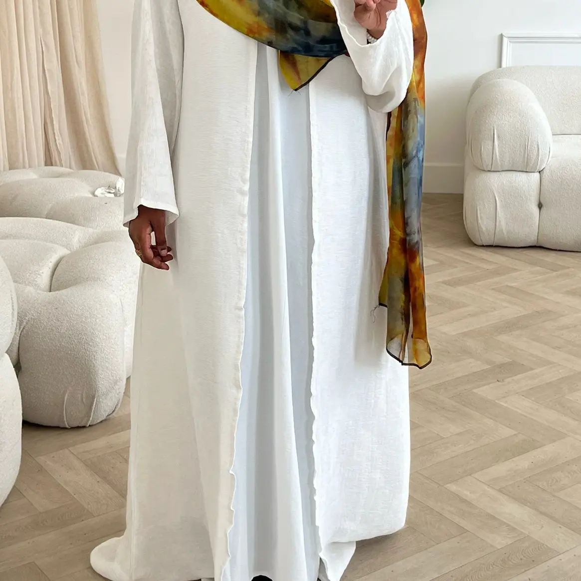50% OFF White Ribbed Abaya - RUH Collection. Sizes 50-64