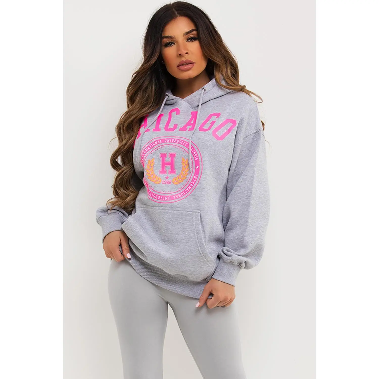 Grey Oversized Hoodie With Chicago Print