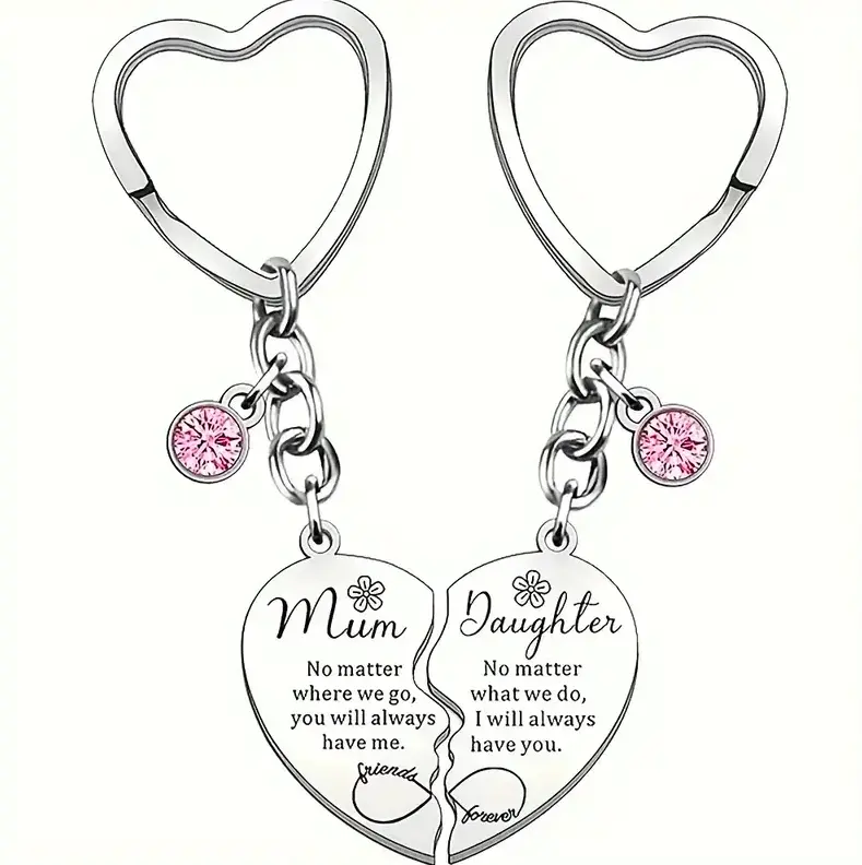 Stainless Steel Heart-Shaped Keychain Set of 2 | Mother's Day | Heart | Mom | Gem | Gift for Mom | First Mother's Day | Mother's Day Hamper 2