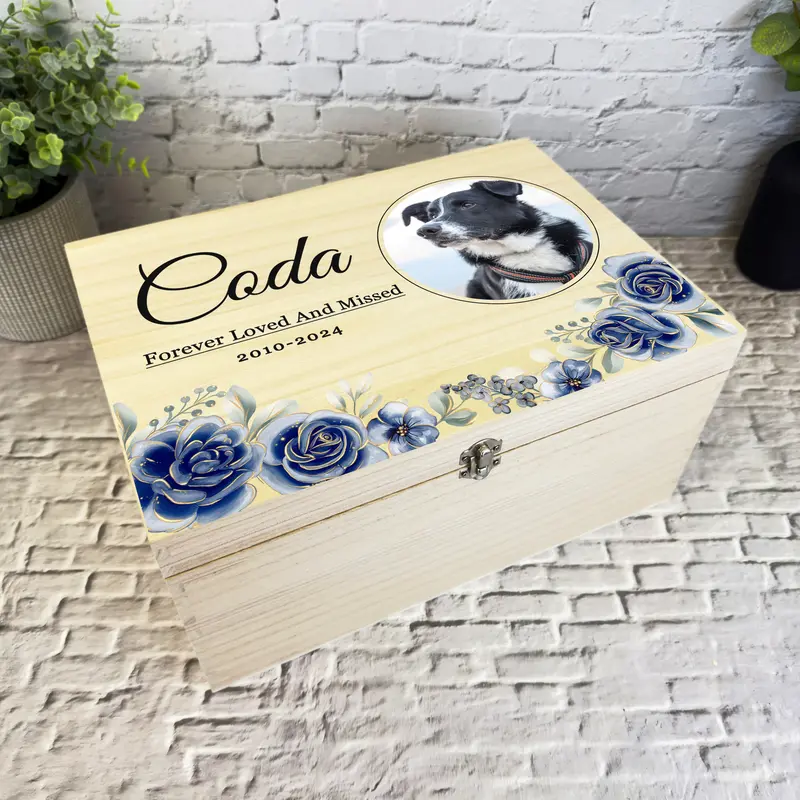Blue Pet Dog Cat Horse Round Photo Pet Memorial Personalised Wooden Keepsake Box - Memory Storage Box - Memorial Wooden Memory Boxes 3