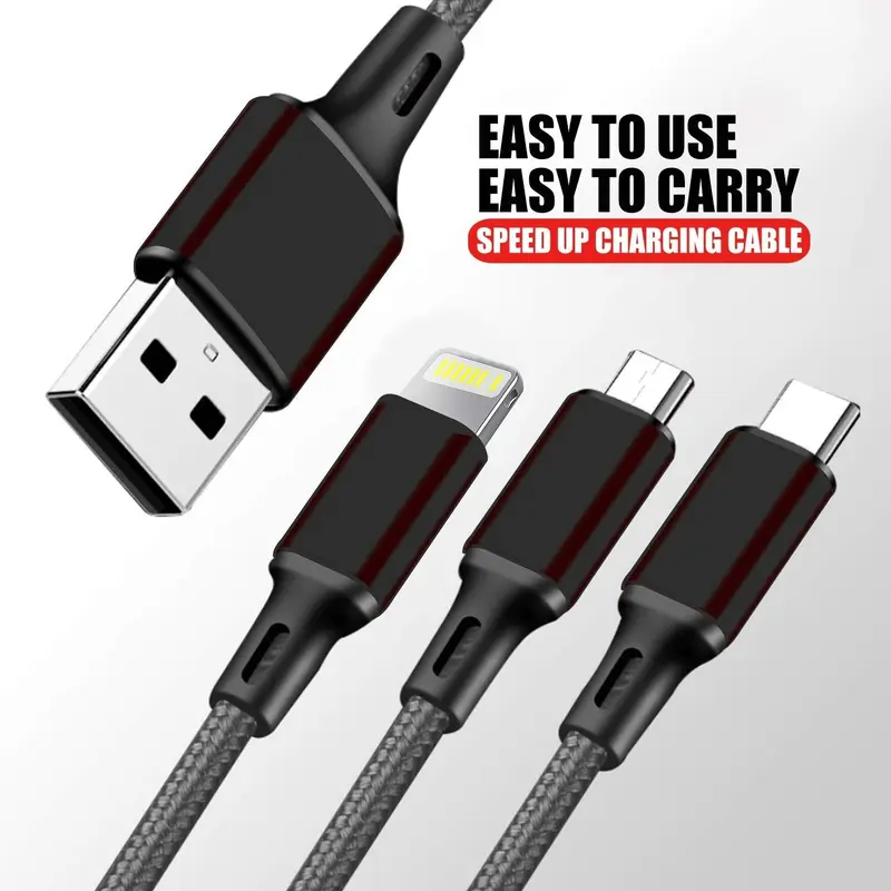 3 in 1 Fast Charging Cable With 3A Speed, Fast Charging Multi Purpose Cable, Type C Cable, Micro USB Cable And Lighting Cable In Black, Cellphone, Mobile Accessories Smartphone Charger 6