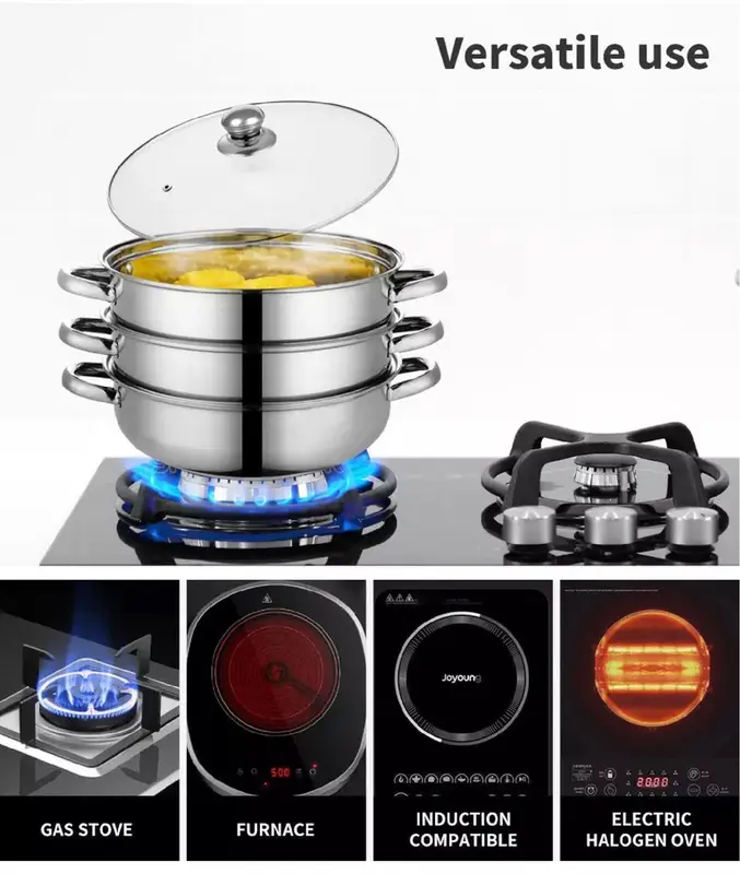 28cm 3 TIER STAINLESS STEEL STEAMER COOKER POT SET PAN COOK FOOD GLASS LIDS Cookware Induction 3