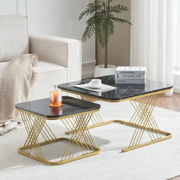 Nest of 2 Tables Square Coffee Table Coffee Table Set Nesting Sofa Table Multi-functional End Side Table Nesting Tables with Gold Metal Frame Legs and Marble Pattern Black Top for Living Room Home