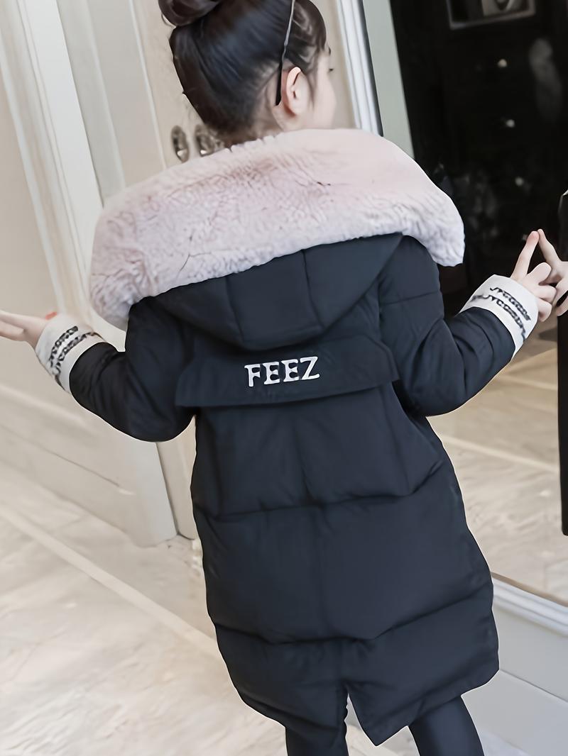 Product Introduction of Girls Trendy Furry Hooded Collar Long Polyester-Padded Jacket, Mid-length Kids Winter Clothes 6