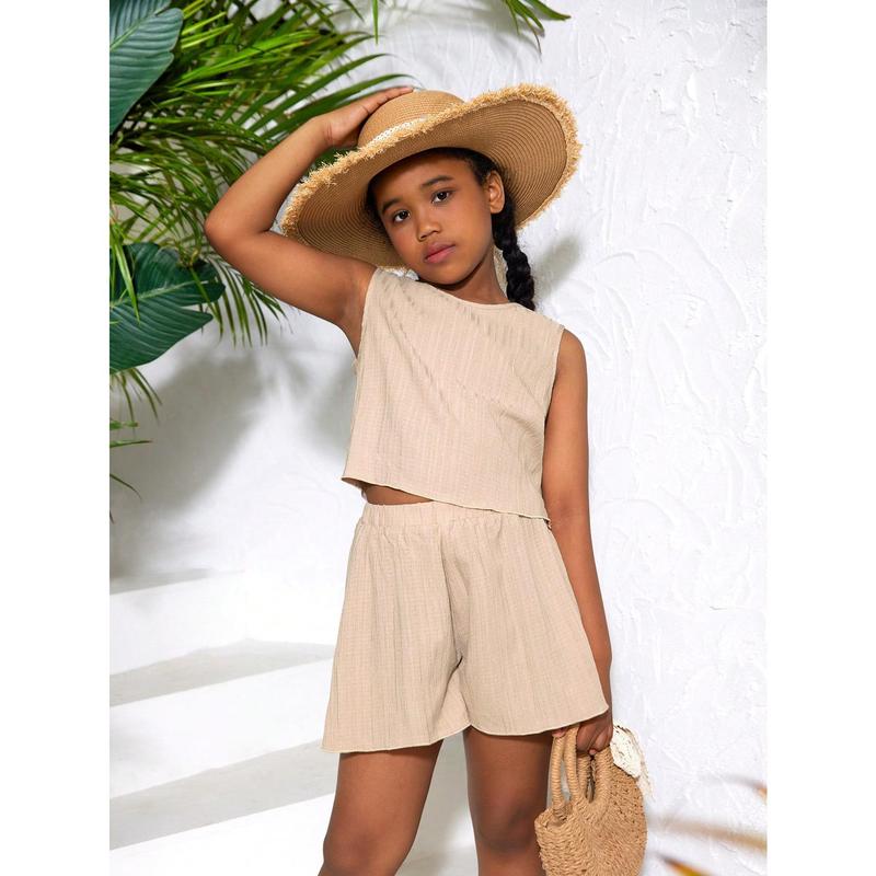 Tween Girl Casual Spring/Summer Solid Color Woven Sleeveless Top And Casual Shorts Set 2