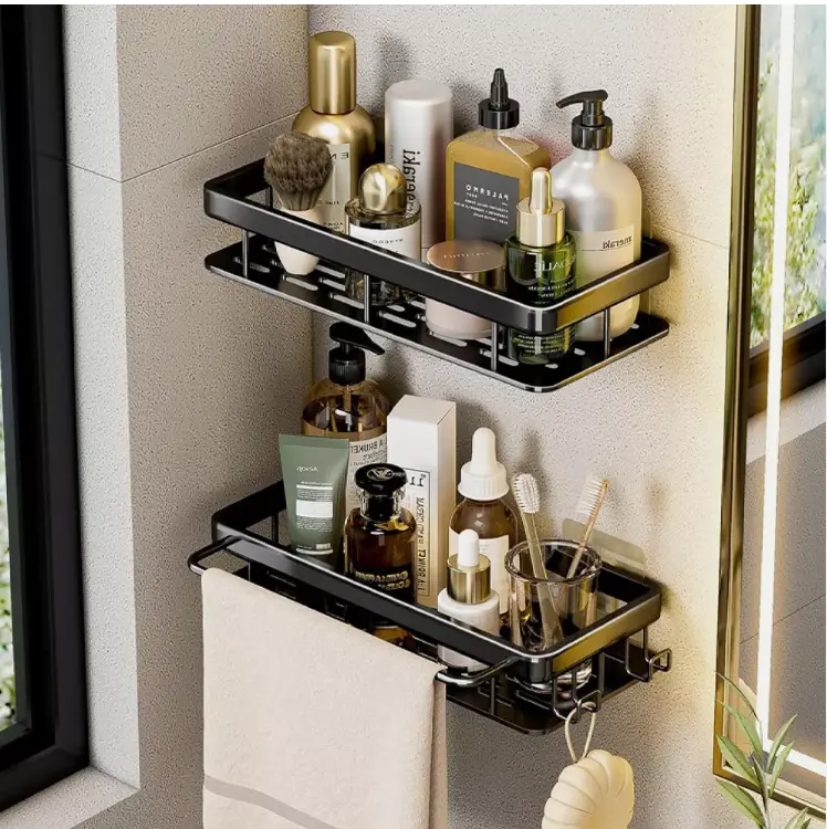 2Pcs Bathroom Storage Holder Shelf Shower Organizer Rack Wall Mounted Black UK