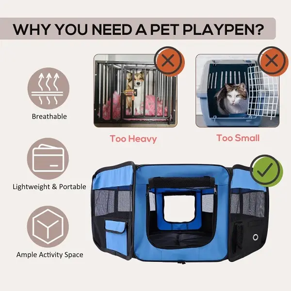 Portable Cat Dog Playpen Pet Puppy Rabbit Guinea Pig Pen Run Dia 90 x 41H cm Indoor & Outdoor Blue 6