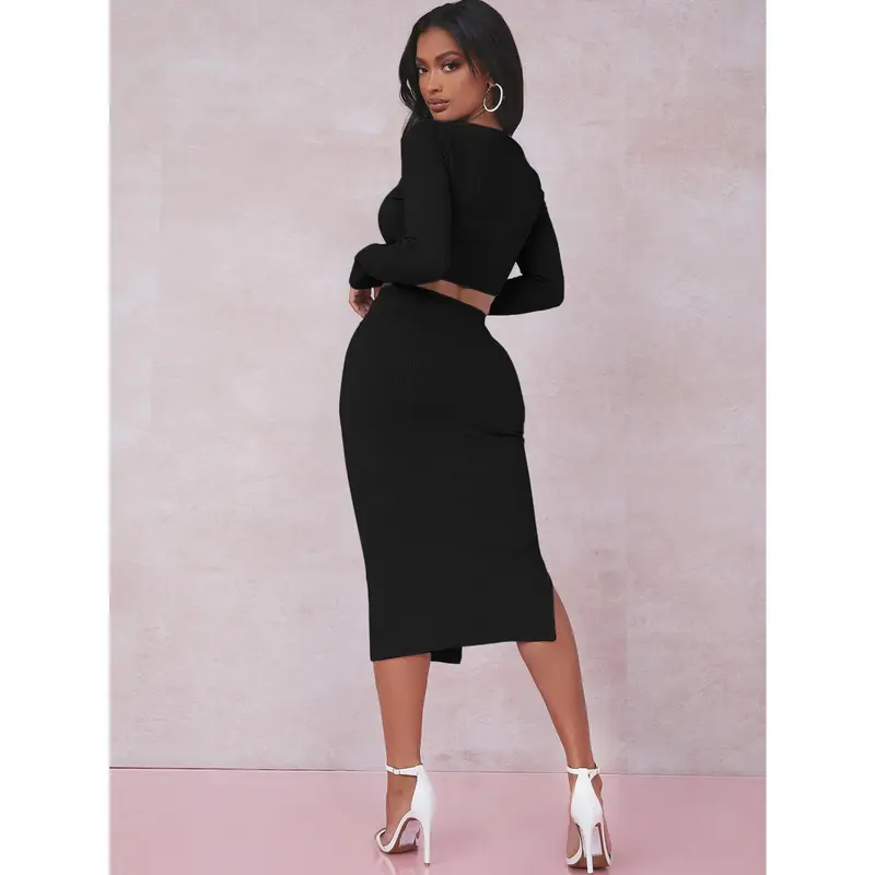【Buy 1 with free gift】 Square Neck Crop Top & Split Thigh Skirt 1