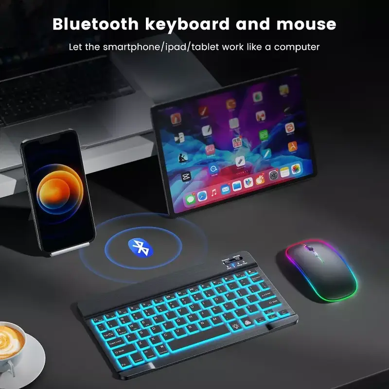 10" Wireless Backlit Bluetooth Keyboard Mouse For IOS Android Windows Tablet PC 4