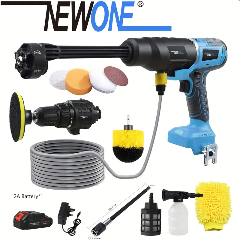 18V 2 In 1 Cordless High-pressure Cleaning Gun With Electric Drill Attachment, Two-in-one Cleaning And Drilling Function, 6-in-1 Nozzle, 5m Water Pipe, Multi-functional Water Gun For Indoor Cleaning, Yard Cleaning, Cars Cleaning And Polishing Etc. 0