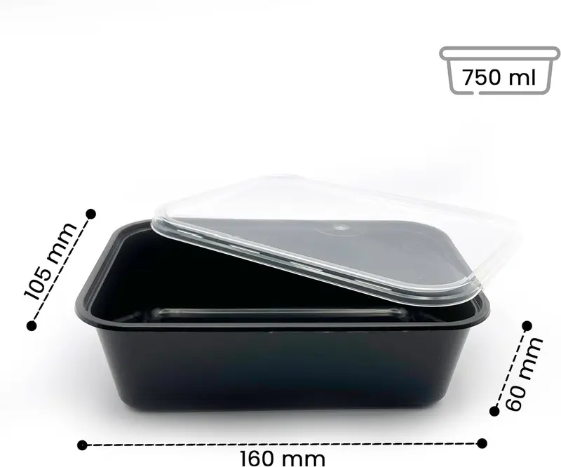 100 x Black Plastic Meal Prep Food Containers, Takeaway Containers With Lids - Microwave Food Storage Containers | Freezer Storage Boxes, Food Containers with Lids, Food Containers - 750ml (10) Disposable 1