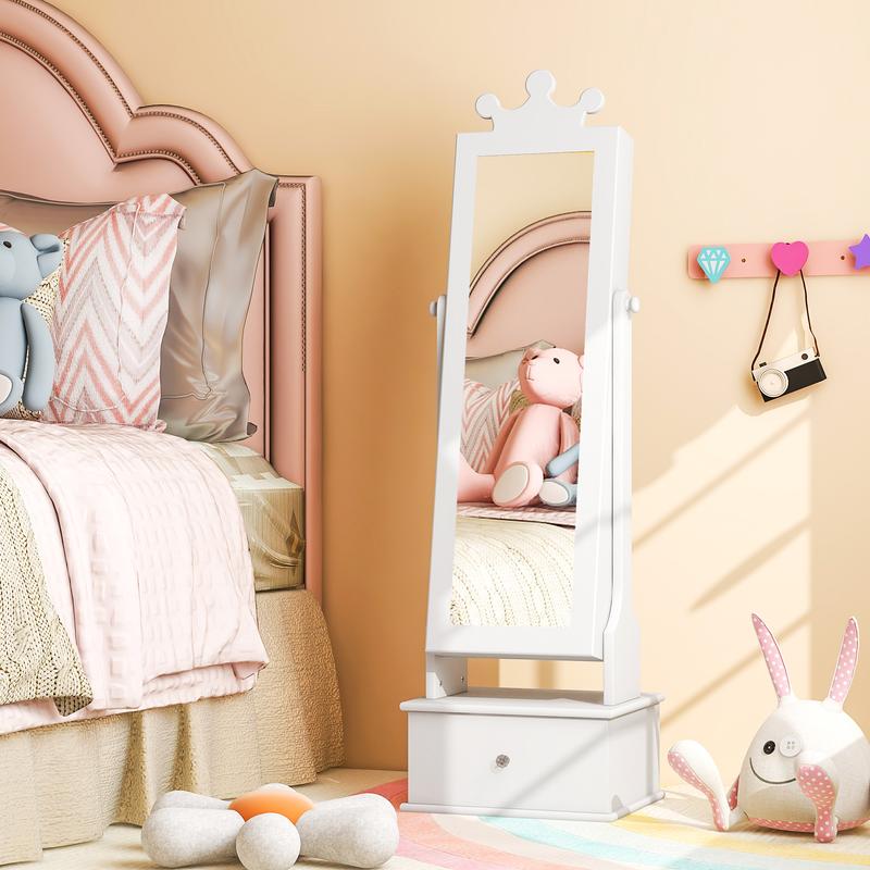COSTWAY Kids Jewelry Cabinet Armoire with Full Length Mirror and 3 Storage Drawers 4