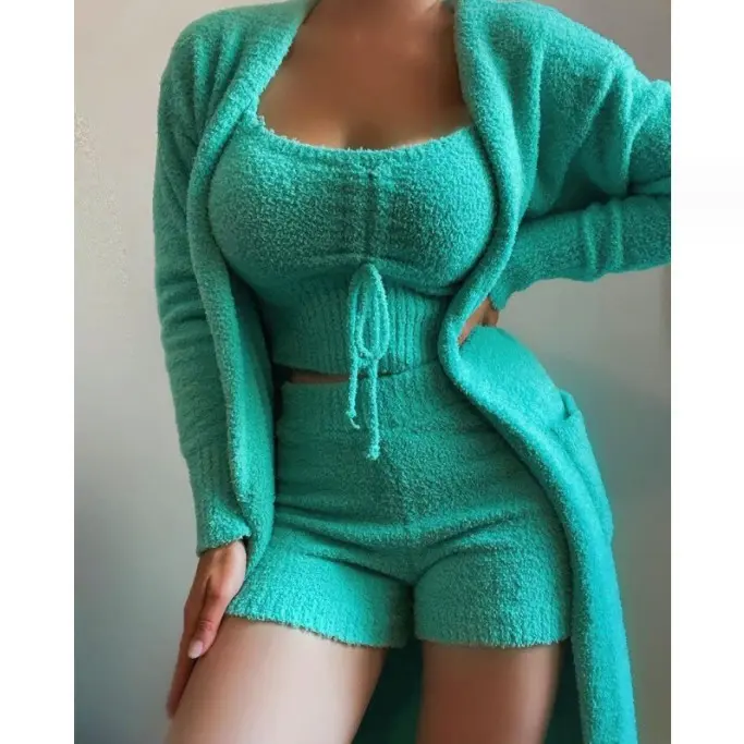 2025 New Women's Clothing stuffed Three-piece Tie Pajamas Set plaid Casual Suit Home Service 8