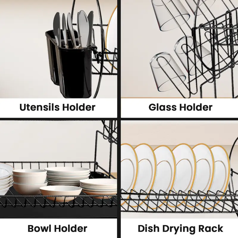 2 Tier Black Dish Drainer Rack with Drip Tray Stainless Steel Draining Dish drainer with Draining Board and Utensils Holder Dish Drying Rack for Small Kitchen Counter top Organiser draining rack Room Room 3