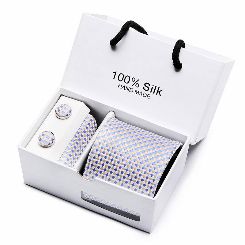 2023 100% Silk Jacquard Necktie White Geometric Tie Hanky Cufflink Set Ties For Men Gravatas Business Wedding Party Wholesale 6