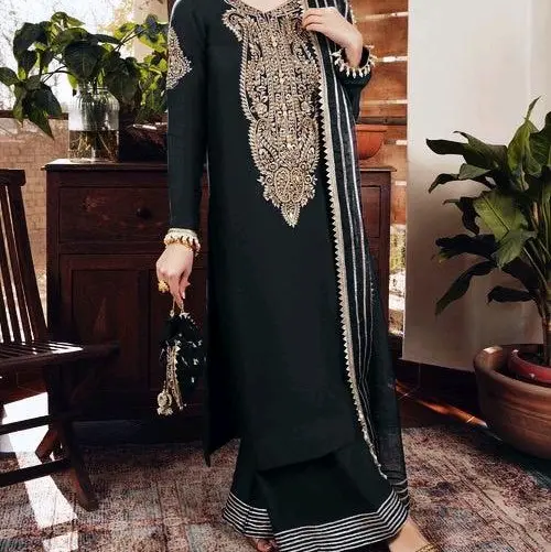 Black viscous beautiful embroiderey mirror work with 4sided got a lace and Tussels work 3 piece ready to wear ladies suit tailor made. Formal wear party wear available in  beautiful 4 colours 0