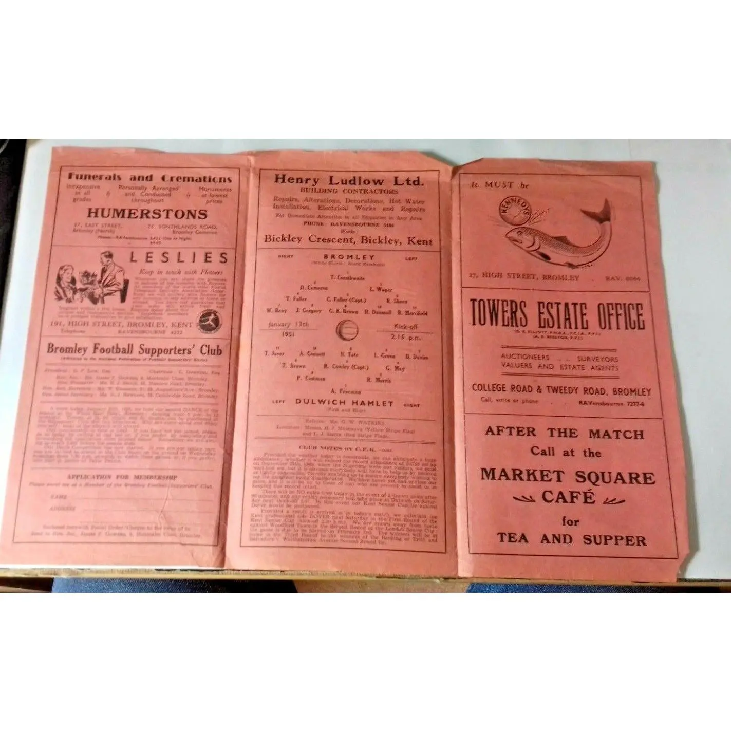 Bromley v Dulwich Hamlet F.A. Amateur Cup 1st Round Football Match Programme 13th January 1951.
