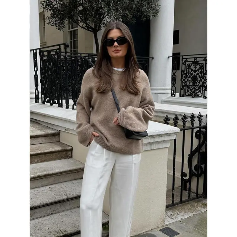 Casual Brown O-Neck Knitted Cashmere Pullover Women Fashion Full Sleeve Loose Commute Jumper 2024 Autumn Lady Street Outerwears 2