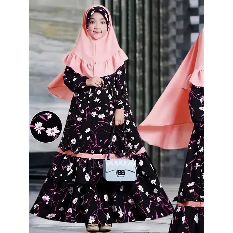 Traditional Muslim Ethnic Clothing Set for Girls Spring and Autumn - Floral Long Sleeve Dress + Headscarf, Two-Piece Set 1