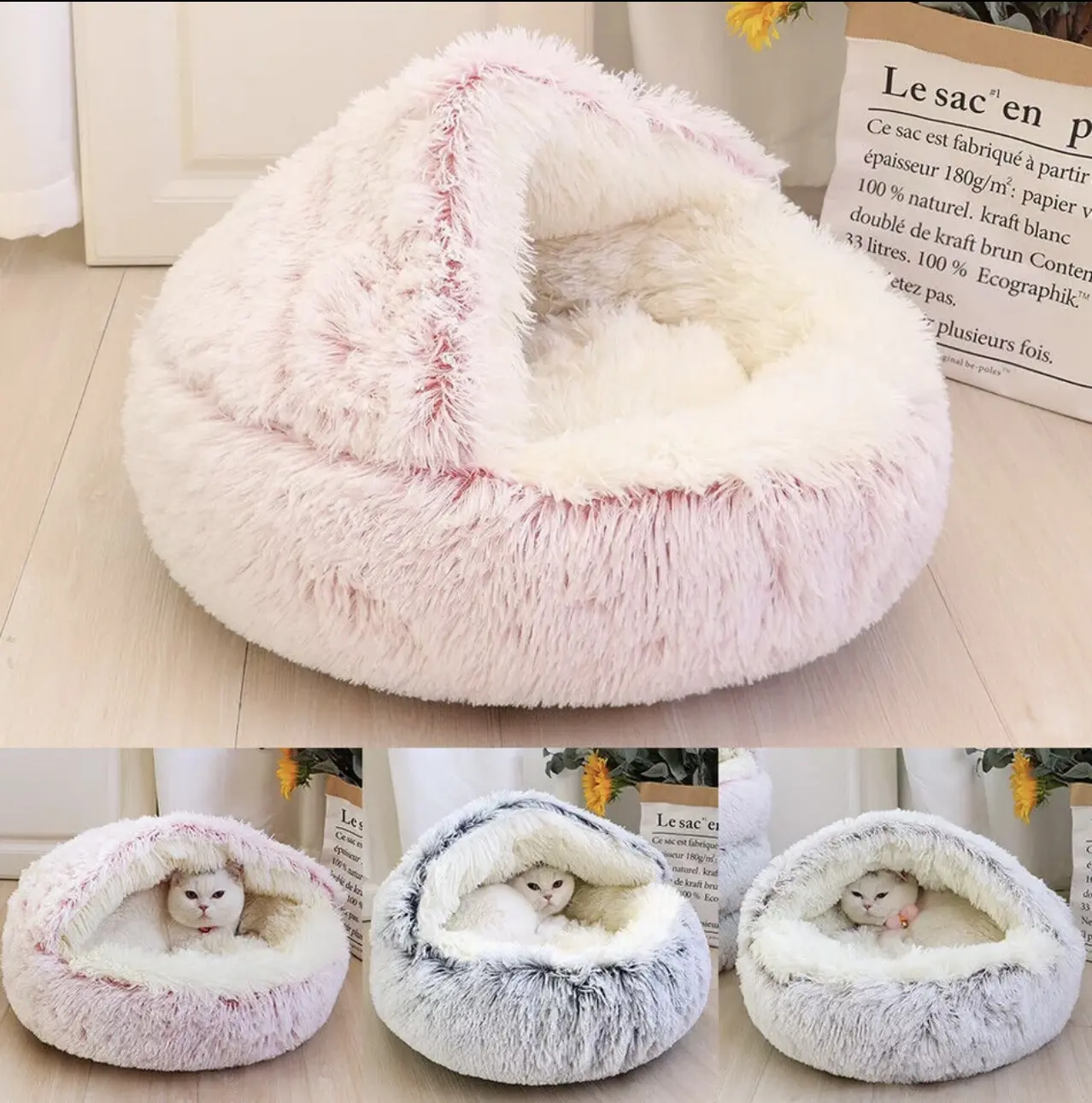 JupiterJX Pet Dog Cat Bed Round Plush Kitten Warm Sleeping Nest Bed Cat Igloo Cave House fluffy