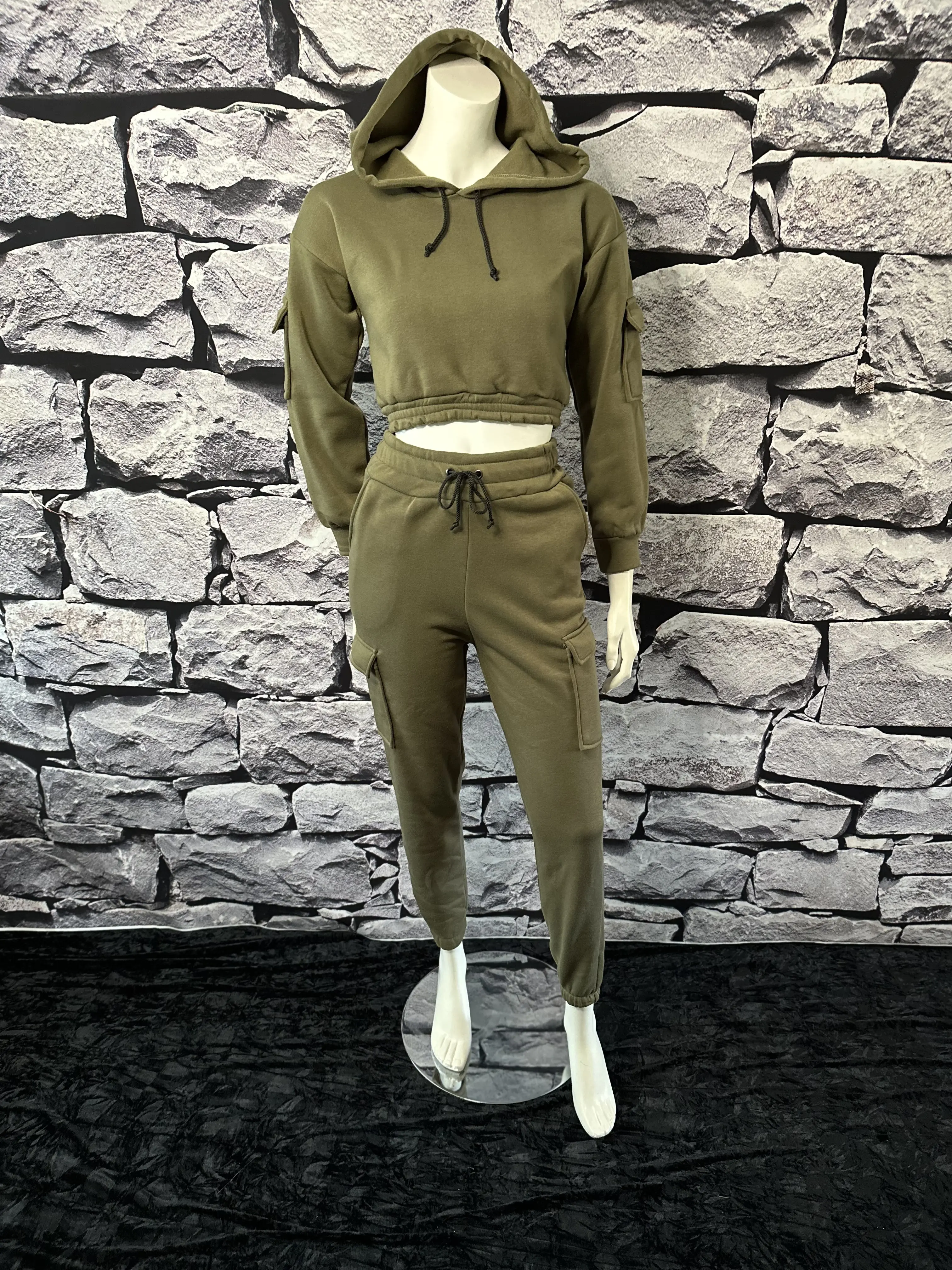 Cargo Style Cropped Lightweight Fleece Tracksuit