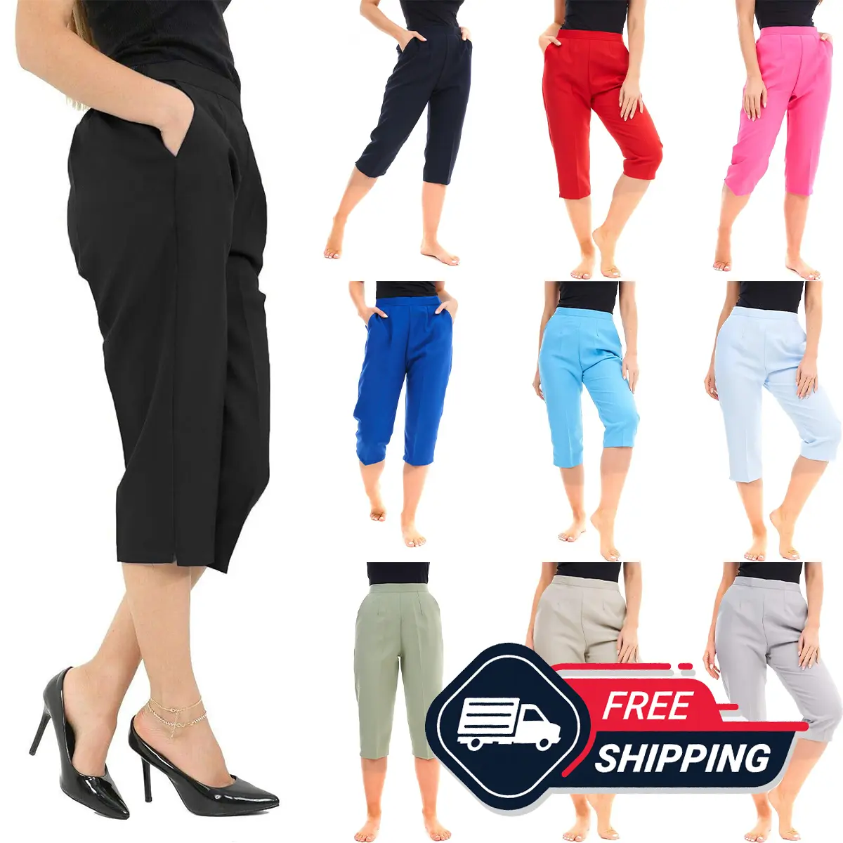 EFTINAN Ladies Womens Half Elasticated Waist 3/4 Three Quarter Cropped Comfortable Trousers Minimalist Womenswear UK 8-24 women's