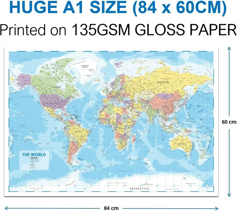 World Map Poster for Wall – 84 x 60cm Large Wall Map of World – World Map Wall Art Atlas - Map of Europe Travel Map - Classroom or Geography Gift 5