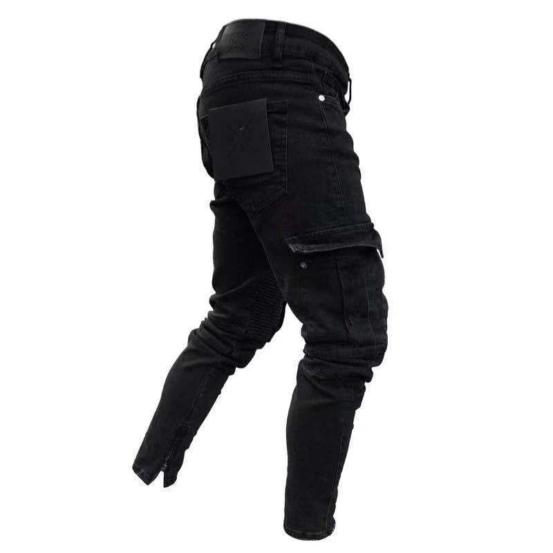 Spring Autumn Winter Men's Stretch Jeans Black Large Side Pocket Worker Jeans Fashion Zipper Skinny Jeans Stretch Jogging Pants Menswear Streetwear Trouser Denim 5