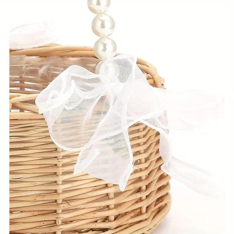 A Handcrafted Wicker Flower Girl Basket with a Pearl Handle And Bow - Ideal for Weddings, Easter, And Party Gifts (Brown) 5