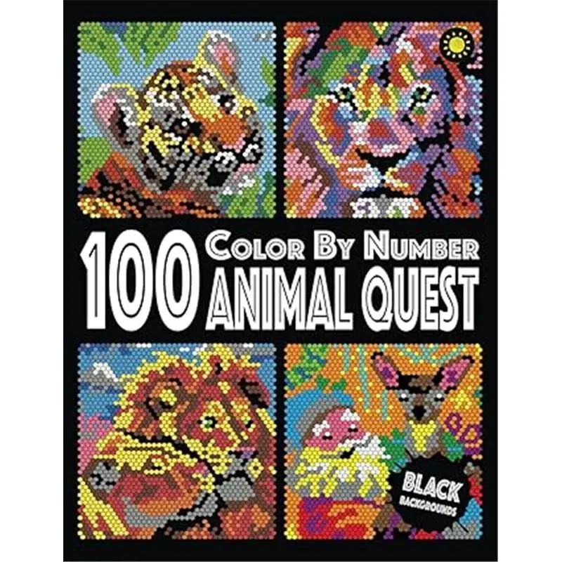 100 Animal Quest Color By Number (Black Backgrounds): color quest activity book with 12-color palette