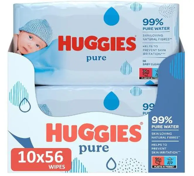 Huggies Pure Baby Wipes - Pack of 10 (10 x 56 Packs, Total 560 Wipes)