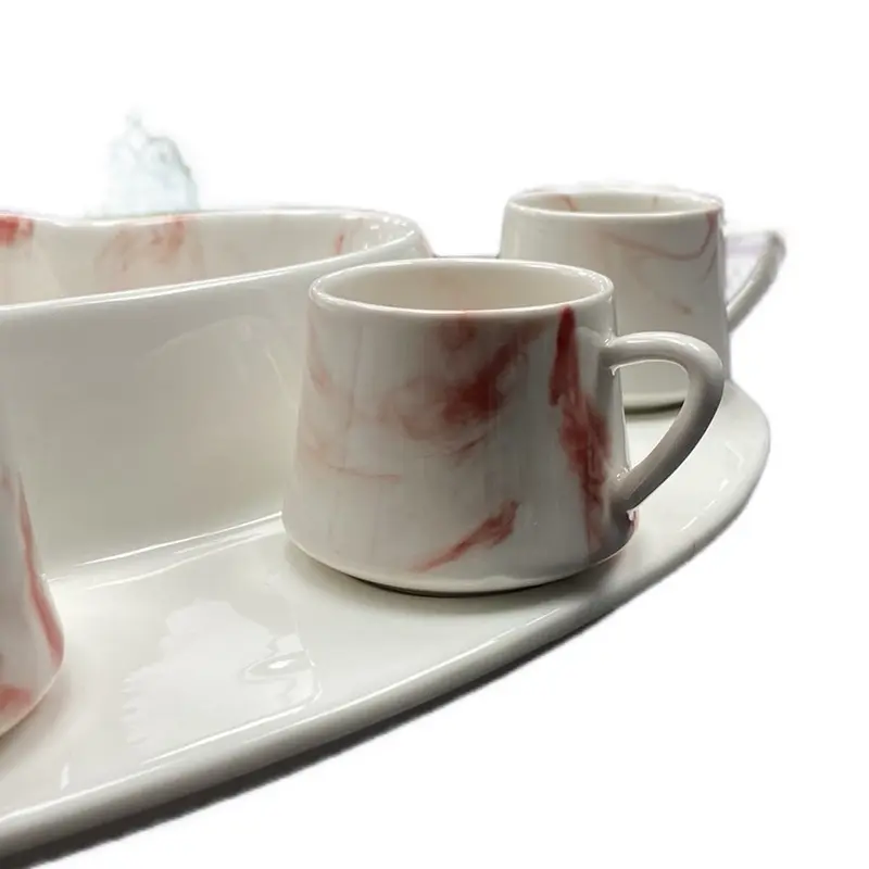 6PCS Ceramic Red Marble Effect Coffee Set 7