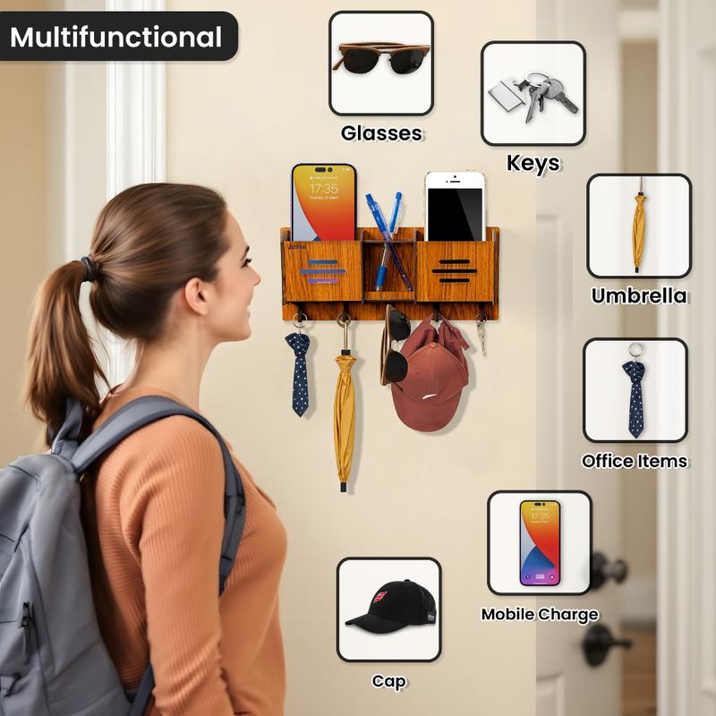 Wooden Key Holder For Home Decoration Wooden | Wall-Mounted Key Hanger with Mobile Charging Slots – 5 Key Hooks | 2 Phone Pockets, Extra Storage Slot | Modern Organizer for Home 4