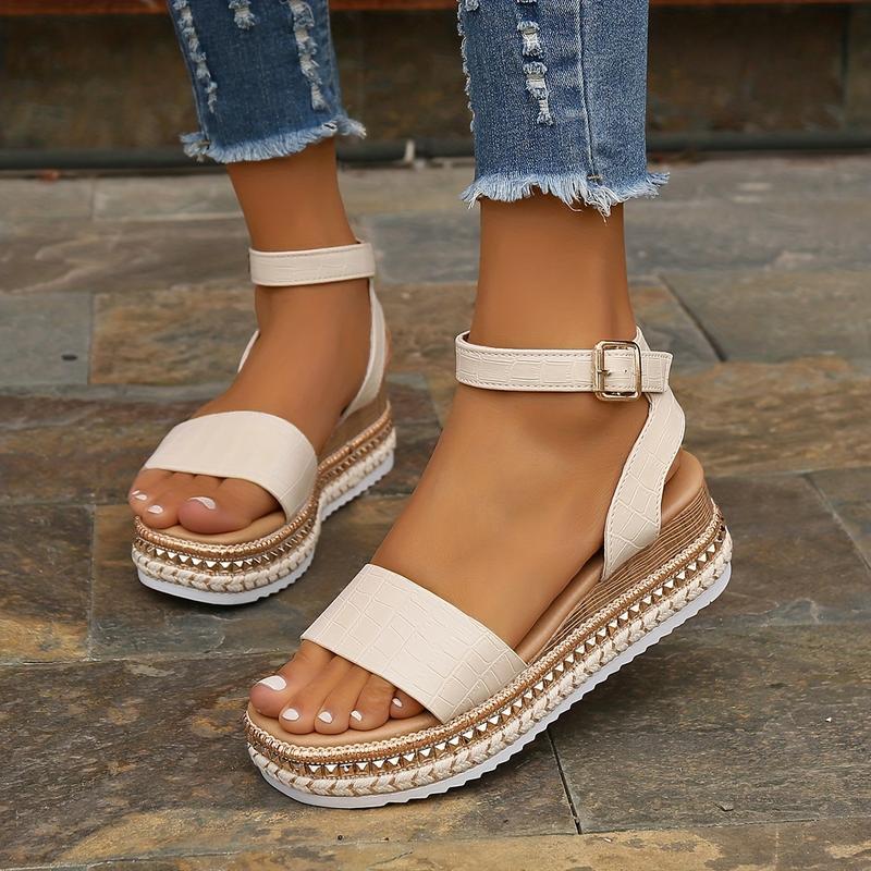 Product Introduction of Women's Platform Wedge Sandals, Rivet Open Toe Ankle Buckle Strap Espadrilles Shoes, Casual Outdoor Sandals 2