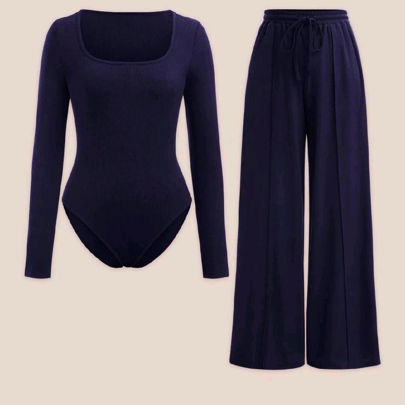 WOMENS LADIES 2 PIECE MATCHING SET CREW NECK BODYSUITS WIDE LEG TROUSERS PANTS PALAZZO SET LOUNGEWEAR LONGSLEEVES STRETCHY SOFT COMFY LADY ELASTICATED WAIST DRAWSTRING HIGH QUALITY COORD LOUNGESET COMFORT WOMENSWEAR OVERALL Basic Adjustable Comfortable 2