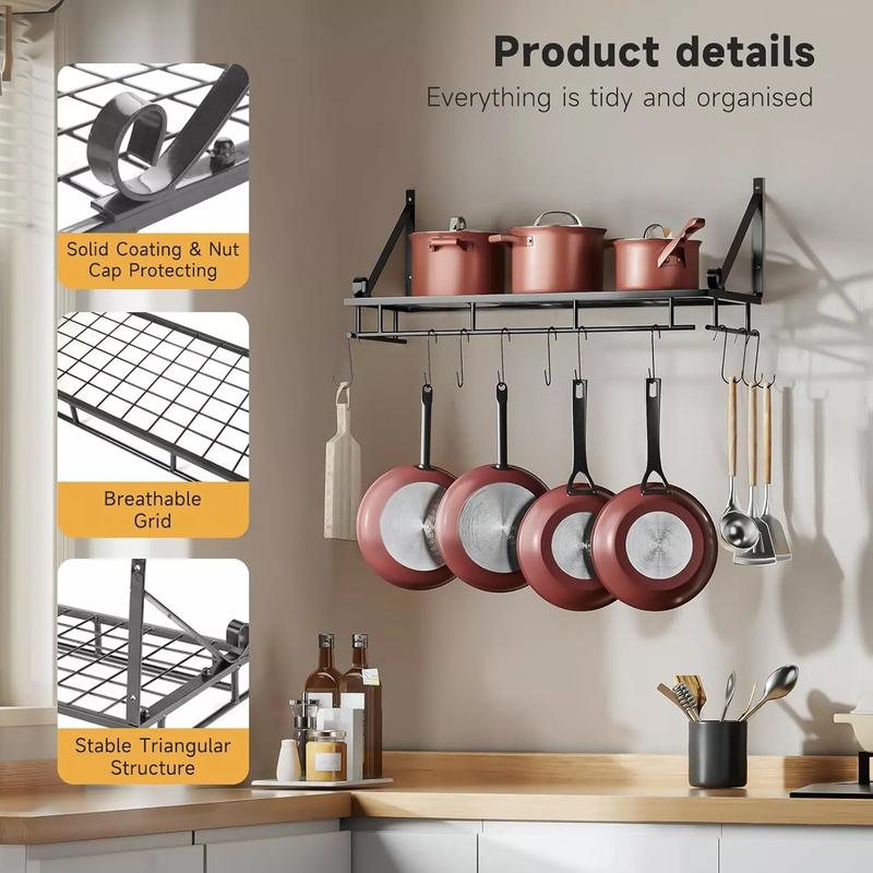 Product Introduction of Kitchen Hanging Pot Pan Rack Wall Mount Iron Storage Shelf Saucepan Holder UK~ Organiser Hangable 0