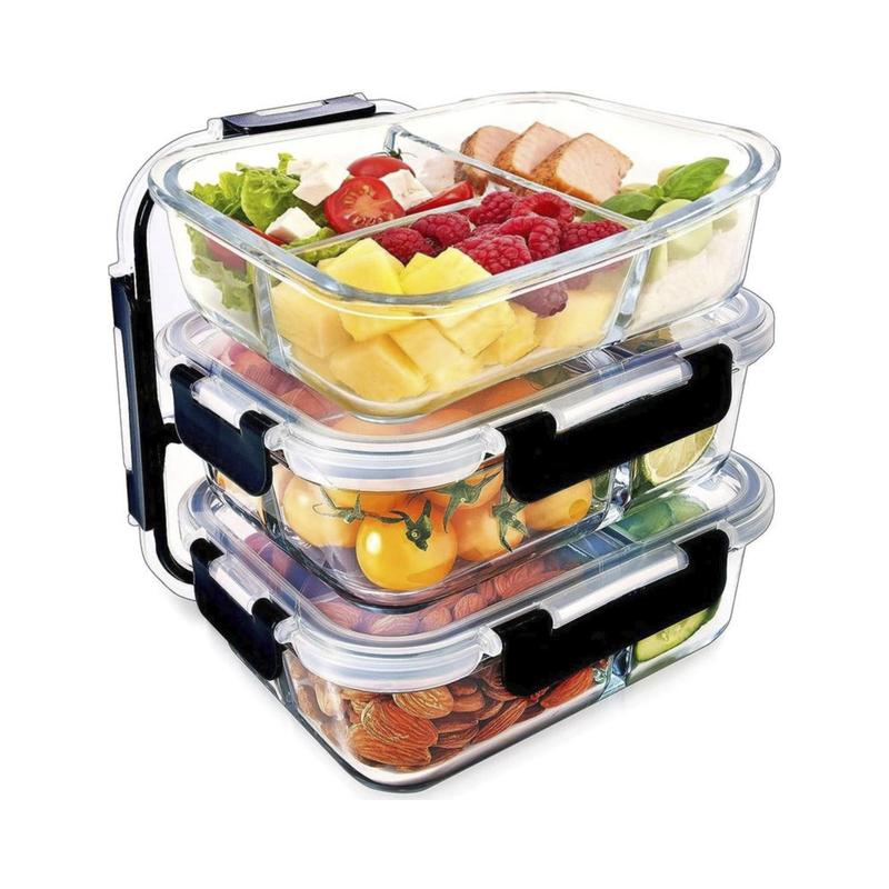 Houszy 3 Compartment Glass Food Storage Containers with Airtight(Pack of 3), Leak-Proof Snap-Lock Lids - BPA-Free, Microwave, Dishwasher, Oven, & Freezer-Safe Lunch Boxes Kitchen Utensils Sturdy Set 0