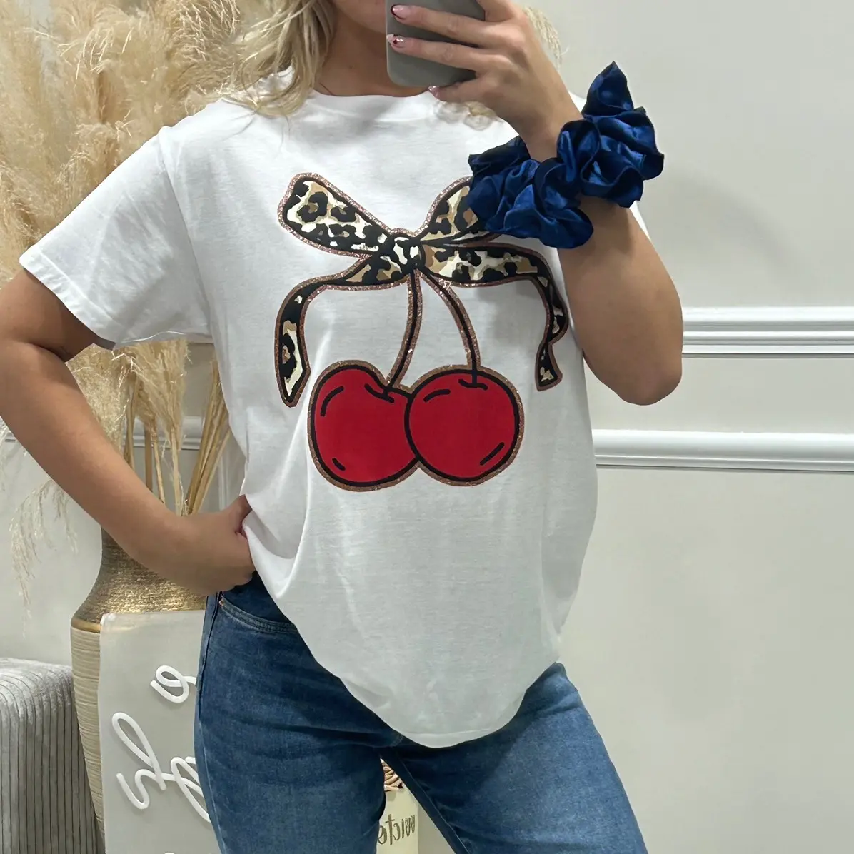 Cherry Leopard BOW Oversized Top Women's T-Shirt Comfortable hand wash