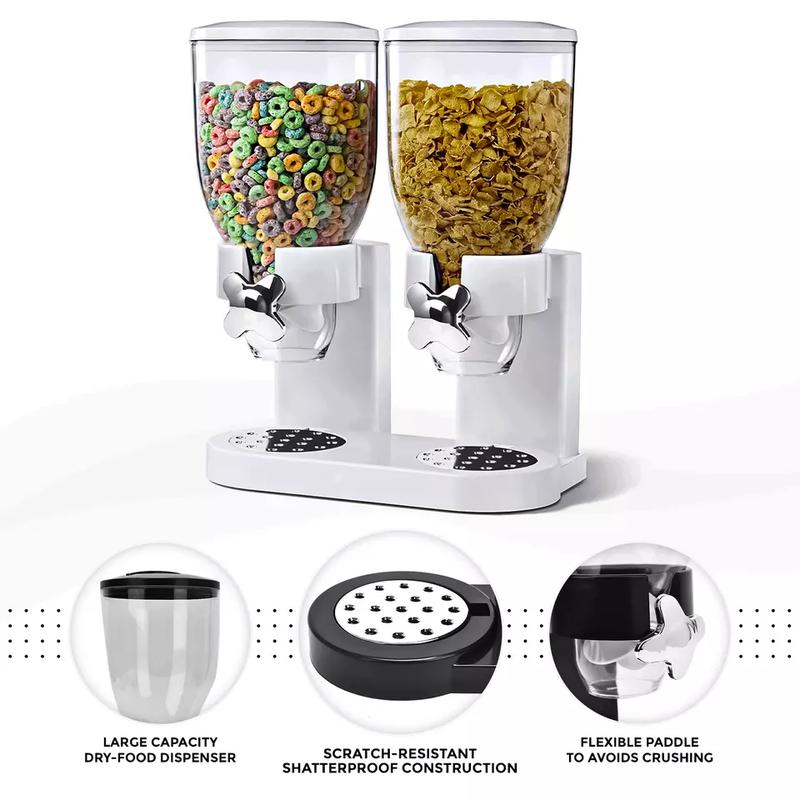 Plastic Double Cereal Dispenser for Home & Kitchen - Great for Cornflakes, Candy, Nuts, Beans, Granola - Tin, Utensils-(White)-(Black) 6