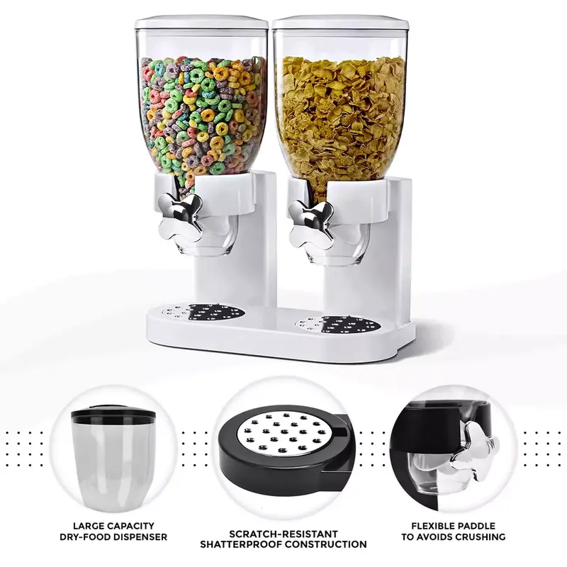 Plastic Double Cereal Dispenser for Home & Kitchen - Great for Cornflakes, Candy, Nuts, Beans, Granola - Tin, Utensils-(White)-(Black) 6
