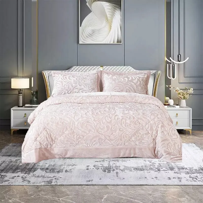3 Piece Stylish Designs Fleece Quilted Bedspread Double King Size Bedding Set UK 3