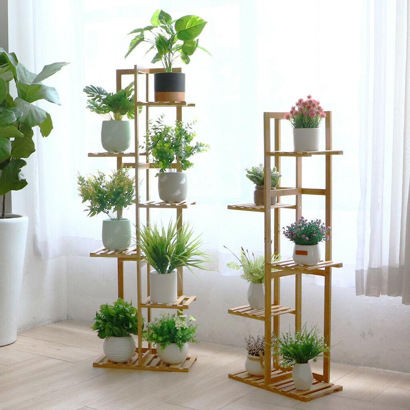 Bamboo 5 / 6  Tier  Plant Stand Rack Multiple Flower Pot Holder Shelf Indoor Outdoor Planter Display Shelving Unit for Patio Organiser Wooden 2
