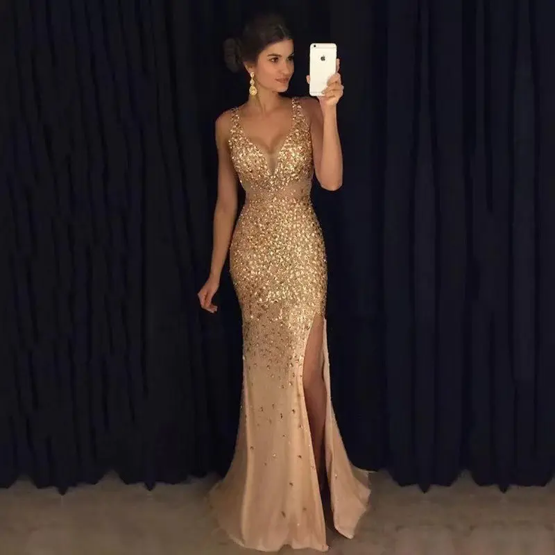 New split bronzing dress long dress evening dress Formal Womenswear Workwear Comfort