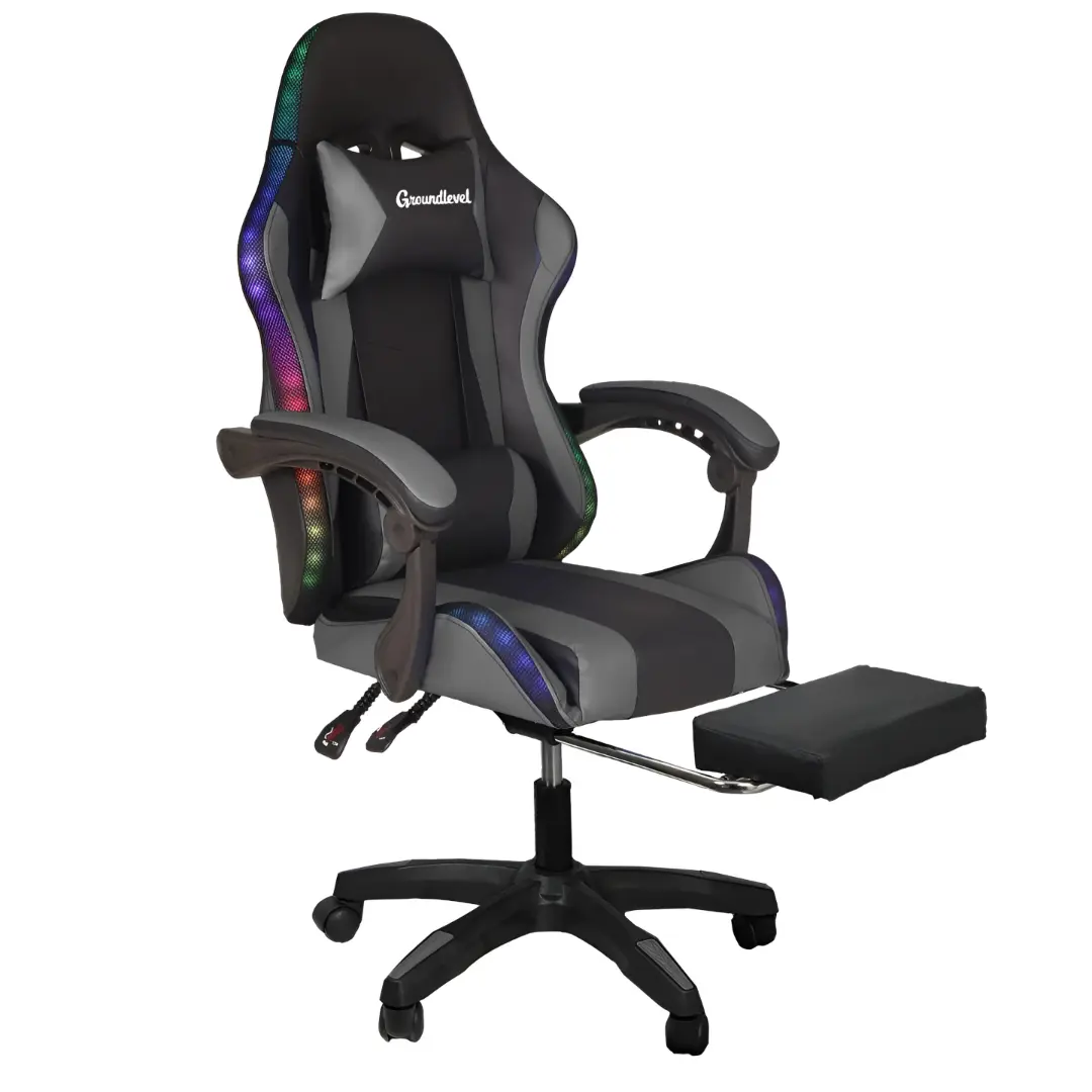 Premium LED Gaming Chair With Footrest - Grey/Red/Blue Colour Options Adjustable Reclining Office Gaming Chair With Extending Foot Rest, Lower Back Massager Pillow, LED Lights with Remote & Compatible Smart App