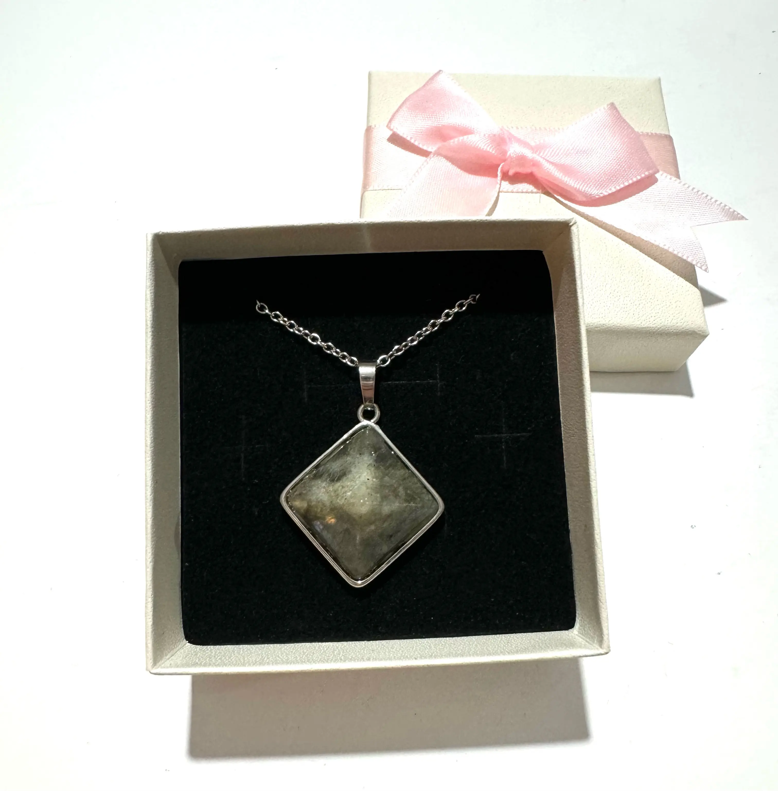 Labradorite Pyramid Pendant With Heart Detail (stainless steel chain included)