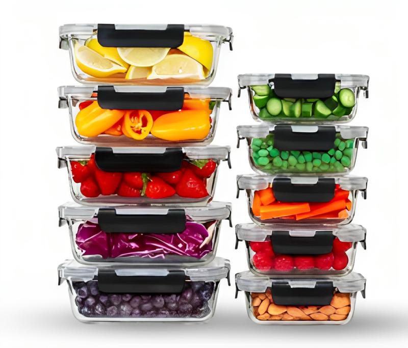 Houszy Glass Meal Prep Container with Snap Lock Lids -Set of 10, BPA-Free, Leakproof, and Multipurpose Storage Containers, Safe for Microwave, Oven, Freezer, and Dishwasher Airtight Kitchen Utensils Food Storage Sturdy Glass Conatiner Silicone