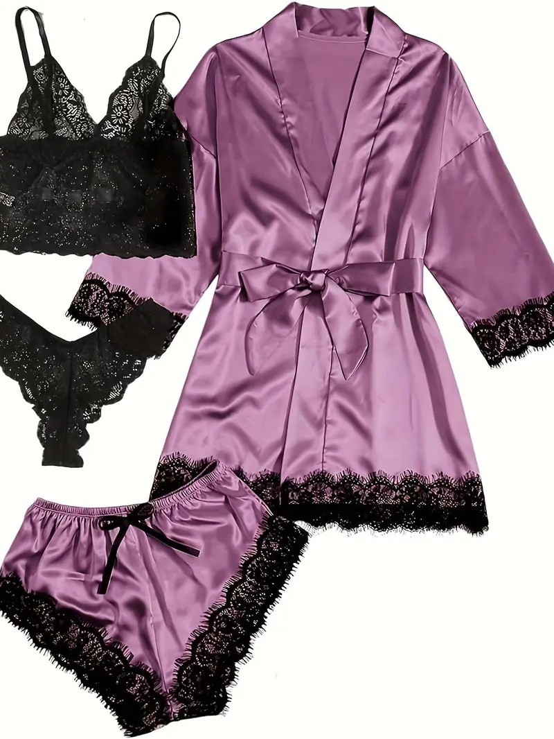 Product Introduction of Elegant Satin Breasted Set With Lace Contrast, Three-Quarter Sleeve Gown With Belt And Camisole Bra And Trousers And Elastic Shorts, Home Wear For Women Womenswear Lingerie 0