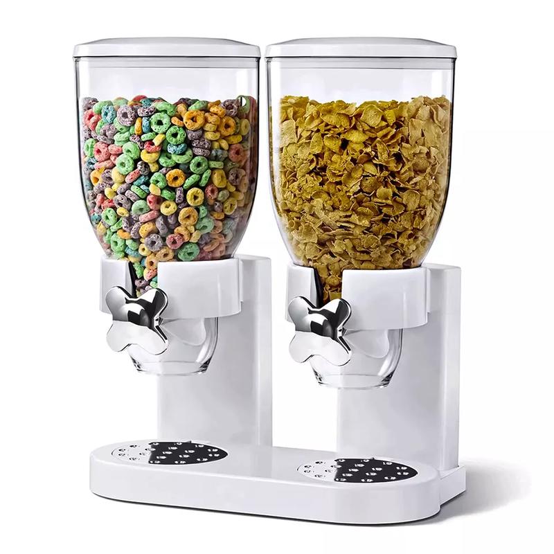 Plastic Double Cereal Dispenser for Home & Kitchen - Great for Cornflakes, Candy, Nuts, Beans, Granola - Tin, Utensils-(White)-(Black) 2