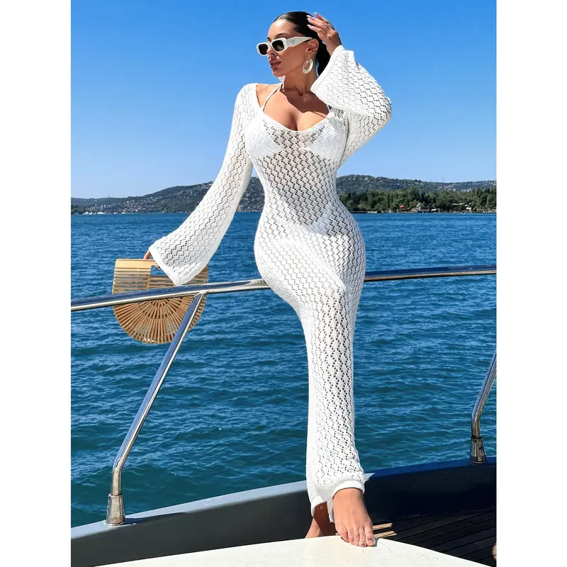 Women's Solid Color Long Knit Sheer Cover Up Dress For Daily Wear, Summer Beach Vacation Casual Fit Party Minimalist Womenswear Sleeve Comfort Fabric Basic Festival 0