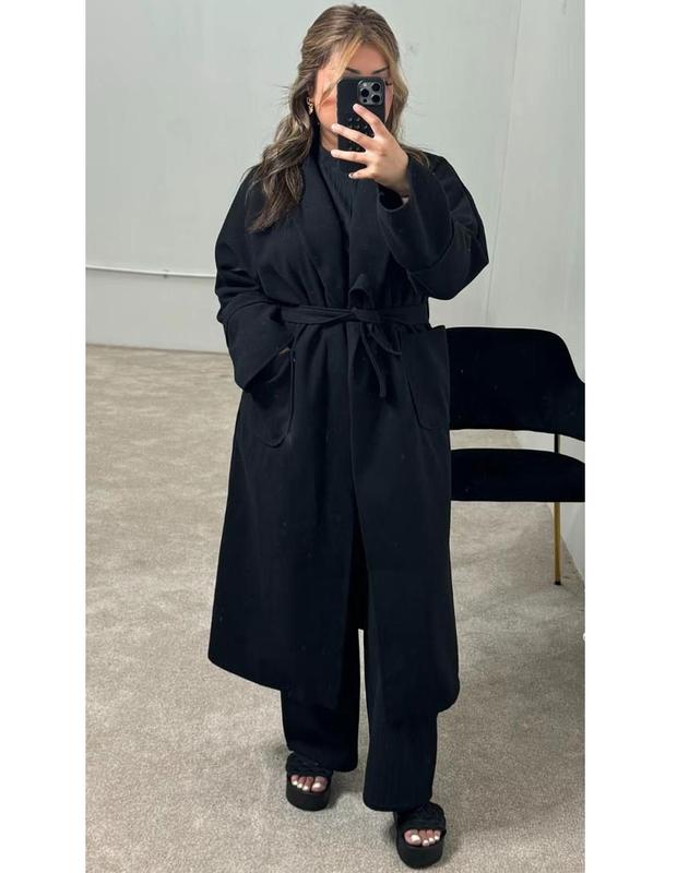 Womens Casual Long Sleeve Lapel Collar 2 Front Pockets Tie Up Long Coat Ladies Outdoor Winter Warm Belted Waist Trench Duster Long Coat Jacket 1